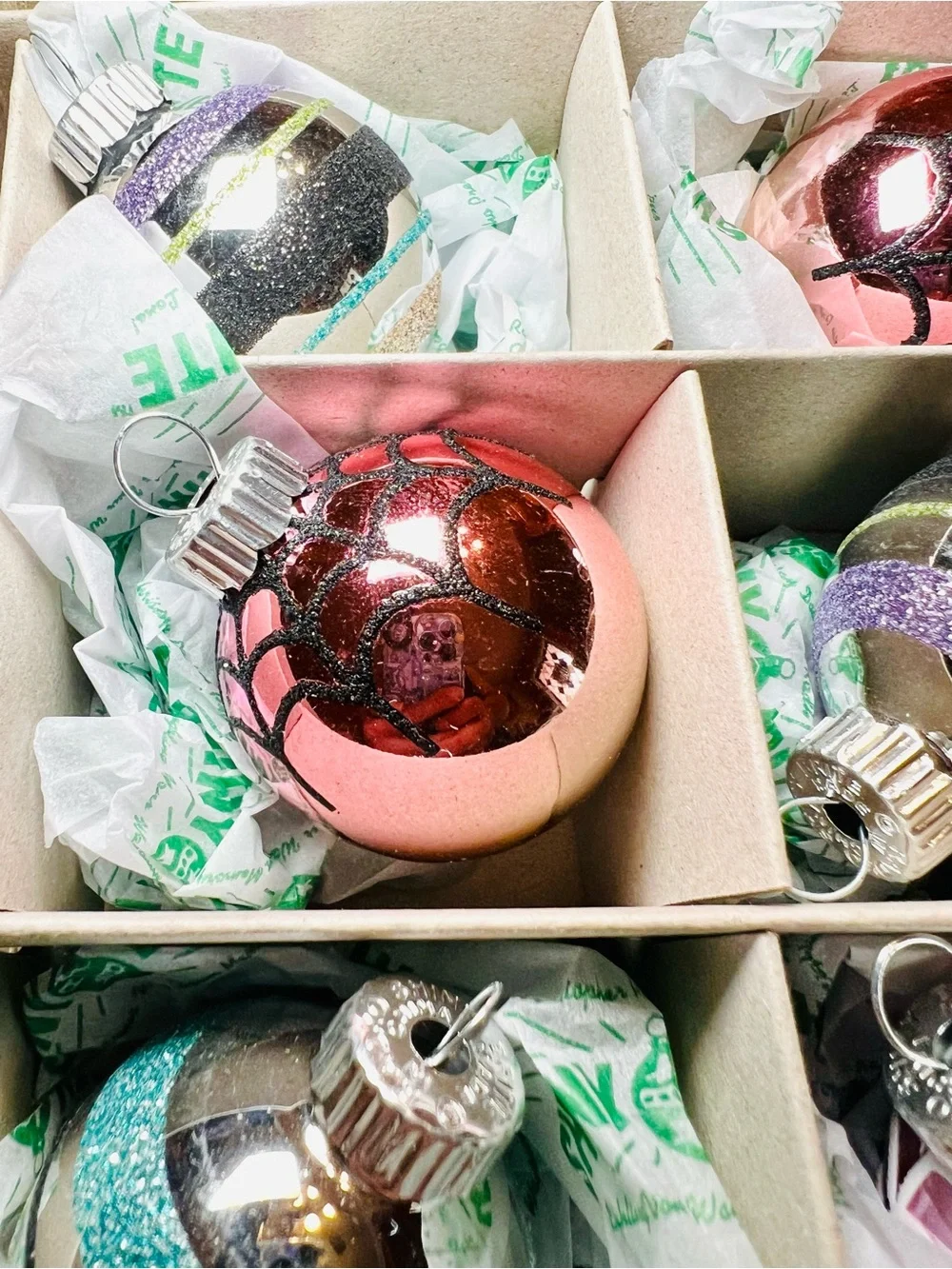 12 Radko Halloween Glass Ball Ornaments Glitter Stripes Pastel Pink Lilac Blue
